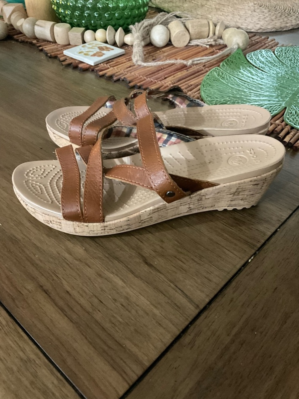 CROCS Women's Tan Brown Wedge Sandals with Crisscross Straps
